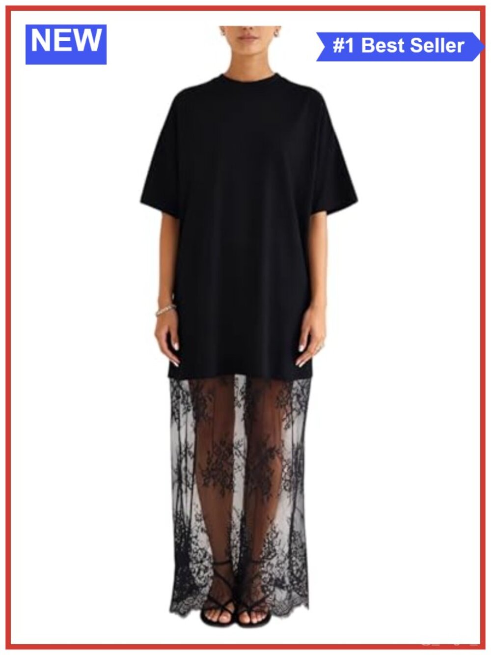 Women Lace Maxi Shirt Dress Oversized Crewneck Embroidered